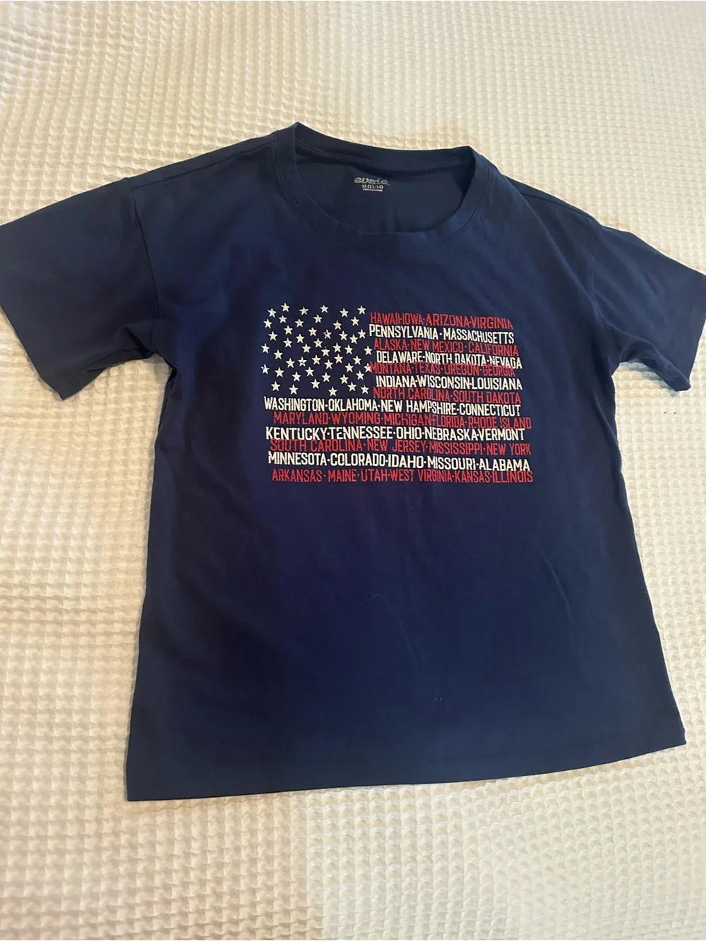 Maurices Navy Short Sleeve Tee with Red, White Star-Text Flag Graphic